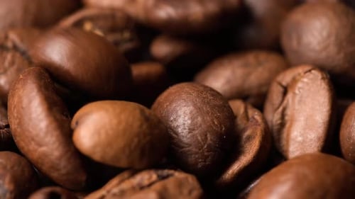 Fragrant Coffee Beans Falling, Close Up View