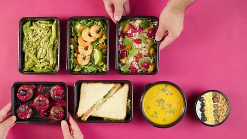 Food Delivery Top View Take Away Meals in Disposable Containers