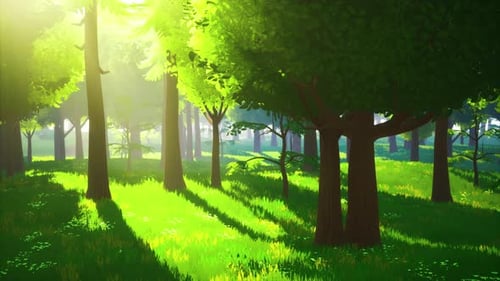 Cartoon Green Forest Landscape with Trees and Flowers