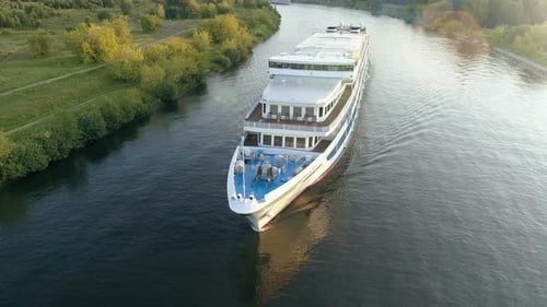 Cruise Ship Sails Down the River To the Sea 4k