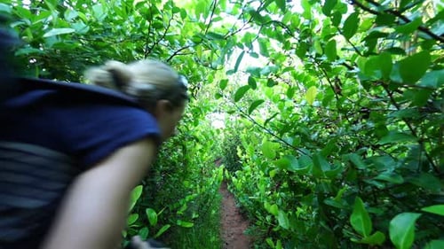 Woman Hikes Through Dense Tropical Green Forest