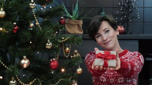 Woman Holding Out Christmas Gift by Decorated Tree