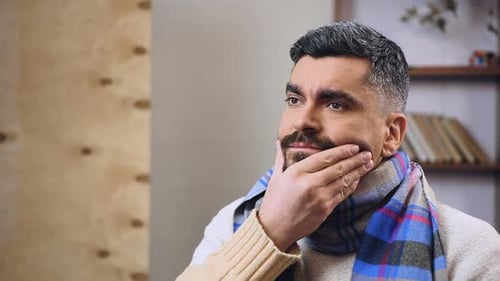 Adult Man Thinking About Visit to Dentist, Having Problems with Teeth, Toothache