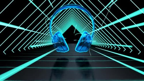Futuristic Rotating Headphones in Neon Grid