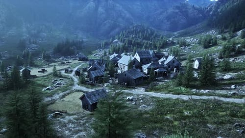Misty Mountain Village Valley Fly Out Animation