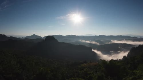 Aerial view Time Lapse, Beautiful landscape sunbeam with fog at morning,