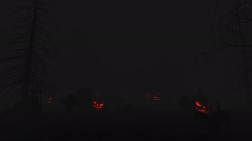 Spooky Halloween Night: Jack-o'-Lanterns in a Misty Graveyard