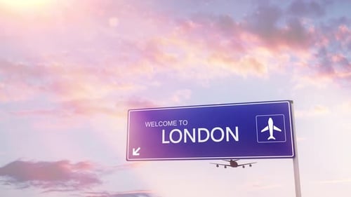 London City Sign Plane Landing in Daylight