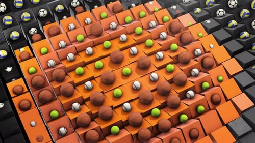 Animated Sports Balls on Rising Geometric Cubes Background
