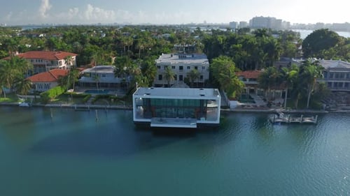 Palm Island, May 2019. Aerial Top View on the Exclusive House on the Water