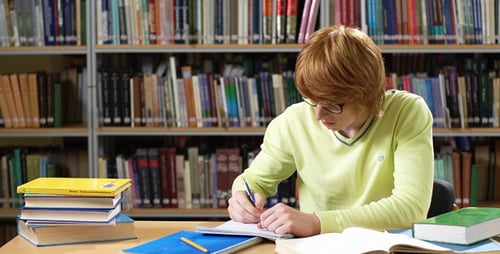Student Studying at Desk in Library Setting