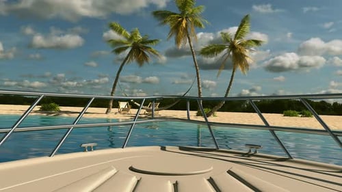 Yachtreise zum Strand mit Palmen.