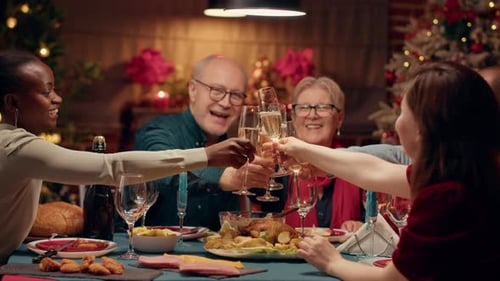 Family Celebrates Christmas with Champagne Toast