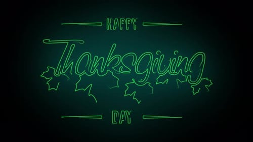 Happy Thanksgiving Day Neon Glowing Text with Autumn Leaves