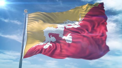 Realistic Bhutan Flag Waving in Wind with Sunlight