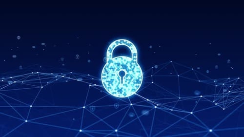 Blue security key logo with line connection evitation on abstract background