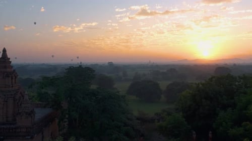 Bagan Myanmar Hot Air Balloon During Sunrise Above Temples and Pagodas of Bagan Myanmar Sunrise