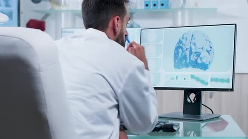 Doctor Analyzing 3D Brain Simulation on a Computer Screen