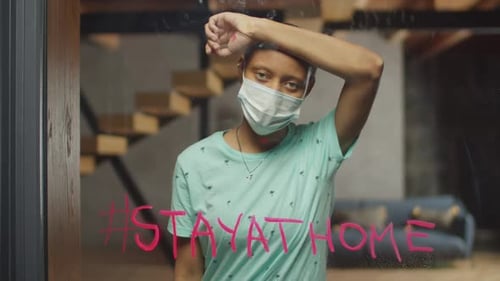 Woman With Mask Near Stay at Home Message