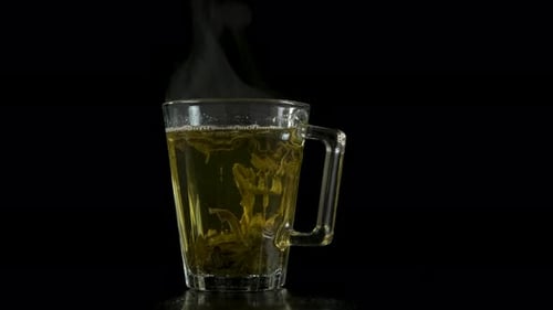 Hot Green Tea Steeping in Glass Mug