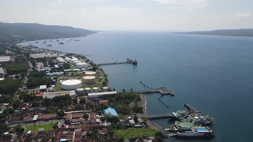 Aerial view of Port in Banyuwangi Indonesia with ferry in Bali Ocean