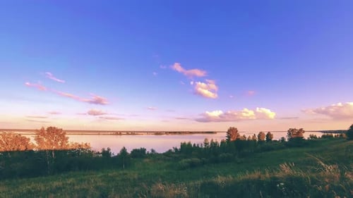 Ocean Bank and Grass Meadow Timelapse at the Summer or Autumn Time. Wild Nature, Sea Coast and Rural