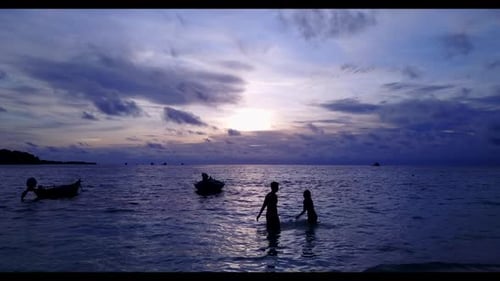 Guy and girl sunbathe on relaxing sea view beach wildlife by transparent lagoon and white sandy back