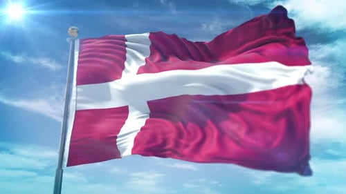 Realistic Denmark National Flag Waving in Blue Sky