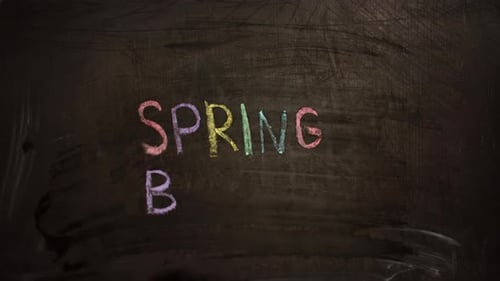 Timelapse Human Hand Draws on Chalkboard Inscription Spring Break and Floral Pattern Around