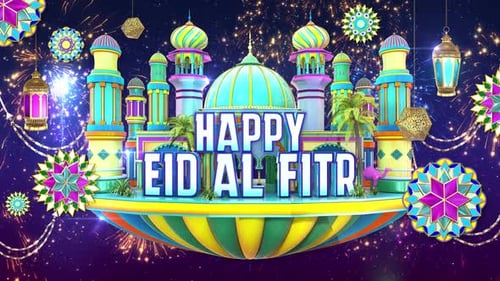 Happy Eid Al Fitr Greeting with Decorative Mosque and Fireworks
