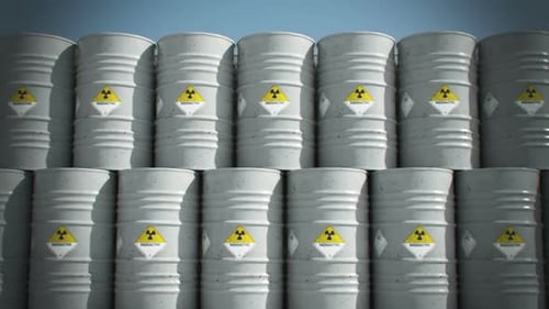 Endless animation of the grey biohazard barrels two-story stack. Front view. HD