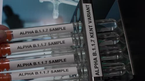 Alpha B.1.1.7 Teströhrchenfläschchen der Kent-Variante werden vom Rack genommen. Vertikales Video, gesperrt, Nahaufnahme