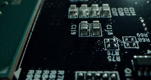 Macro Dolly Shot Side View of a Computer Electrical Circuit with Cip Slots Microchip and