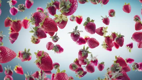 Strawberry with Slices Falling on Cyan Background