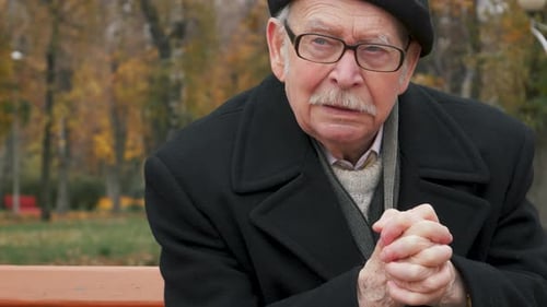 Senior man at park, looking up, praying prayer, thinking. Portrait, closeup, 4K UHD