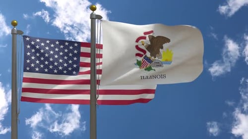 American and Illinois State Flags Waving in the Wind