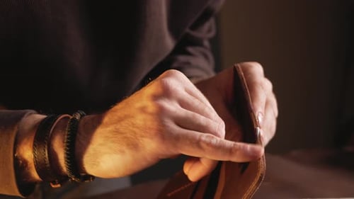 Tanner Makes Genuine Leather Wallet Professional Craftsman Closeup Indoor Authentic Business