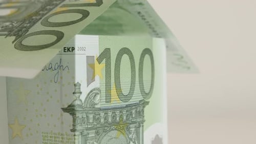 Close-up of house made with hundred euro banknotes 4K 2160p 30fps UltraHD tilting footage - Conc