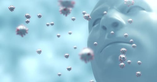 Makro-Coronavirus-Zellen schweben im Hintergrund über einem menschlichen 3D-Modell. 4k