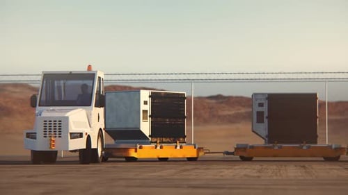 Transport de conteneurs à l'aéroport par un remorqueur à bagages pendant les journées ensoleillées. 4KHD