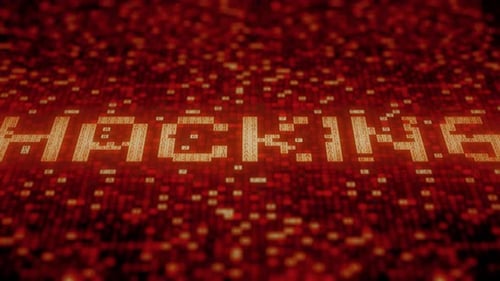 Símbolos piscando em uma tela vermelha compõem a palavra HACKING