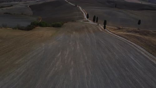 Val d'Orcia Cypress Trees Road and Farmhouse in Tuscany Aerial View
