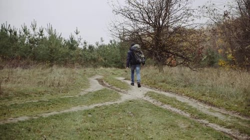 Männlicher Tourist im Wald. Junger Tourist mit Rucksack spaziert durch den Wald in der Natur