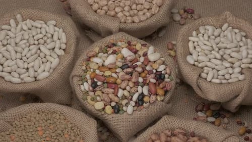 Mixed legumes dry beans rotating. Mediterranean diet, healthy nutrition, protein, vegan vegetarian i