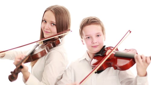 Violinists Play Music Together Against White Background