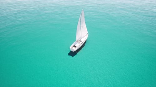 Aerial View Yacht Sailing on Opened Blue Clear Ocean