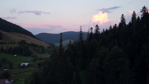 Mountain Forest And Sunset Clouds Aerial View
