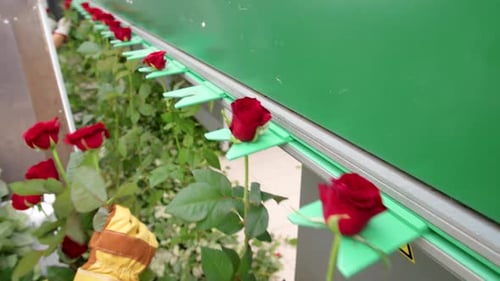 Automated System Transporting Red Roses in Greenhouse