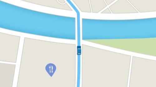 Animation of GPS navigation map. The car following a route along the city street