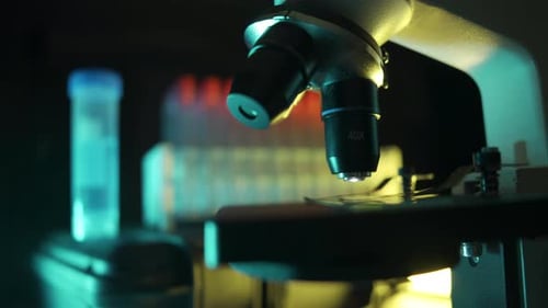 Close Up of a Optical Scientific Microscope in Laboratory